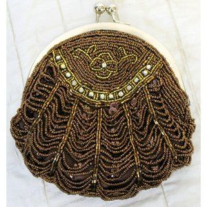 In's Chocolate Silky Beaded Kiss Lock Clutch Purse with Strap and Crystal Accent